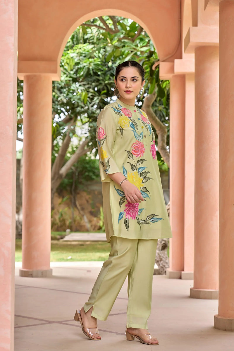 Pista Green Cord Set with Floral Print Top and Solid Bottom