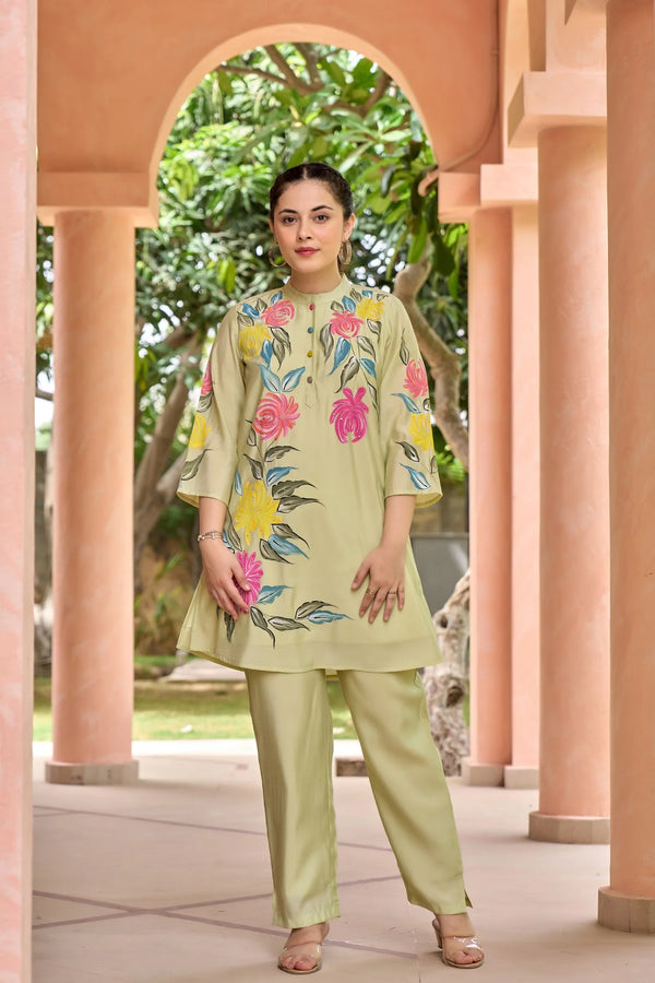 Pista Green Cord Set with Floral Print Top and Solid Bottom