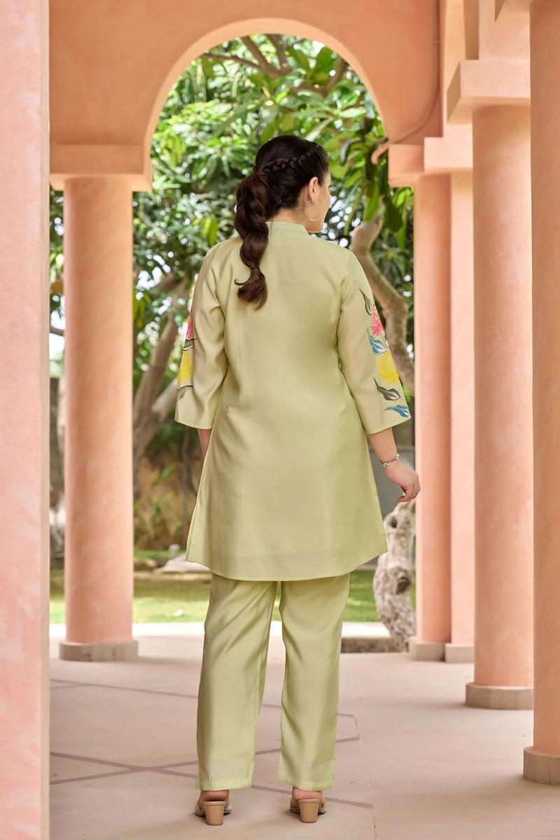 Pista Green Cord Set with Floral Print Top and Solid Bottom