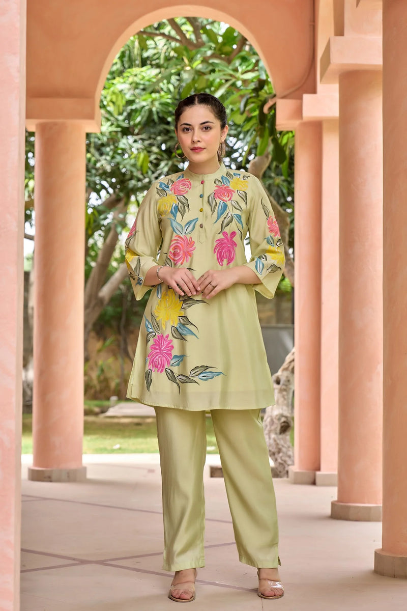 Pista Green Cord Set with Floral Print Top and Solid Bottom