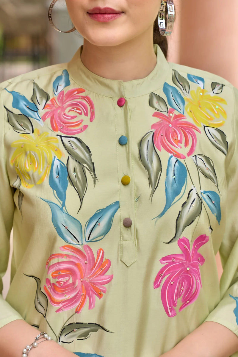 Pista Green Cord Set with Floral Print Top and Solid Bottom