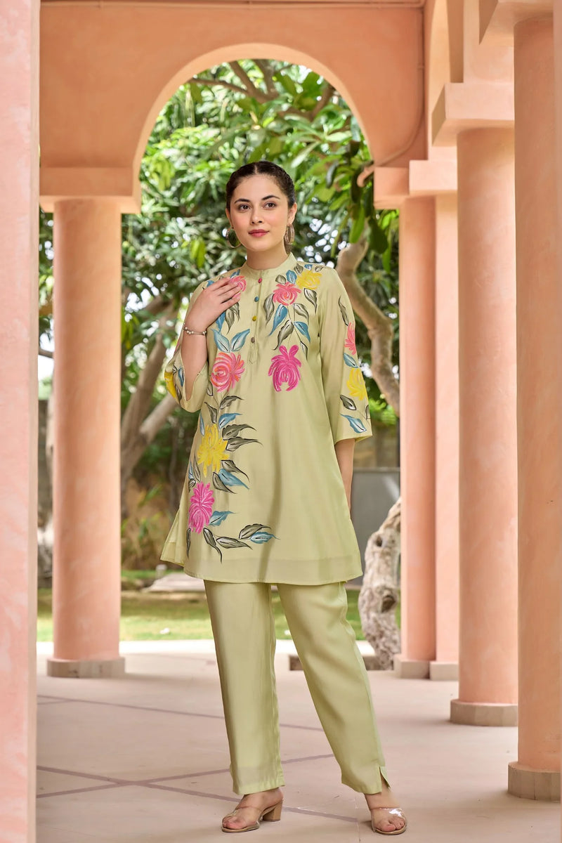 Pista Green Cord Set with Floral Print Top and Solid Bottom